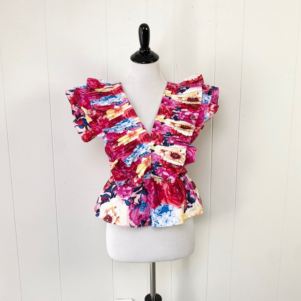 Buddy Love Nia Floral Pleated Ruffle Peplum V-Neck Blouse Pink XS CG4578